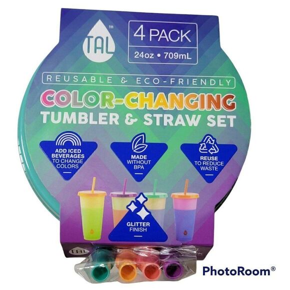 TAL Color Changing Tumbler Cups Lids Straws Reusable 4Pk 24 Oz Glitter Finish - Picture 3 of 7